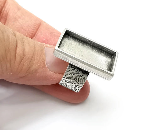 Rectangle Ring Blank Settings, Cabochon Mounting, Adjustable Antique Silver Resin Ring Base Bezel, Inlay Mosaic Epoxy (25x12mm) G33675