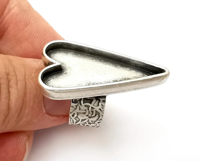 Heart Ring Blank Settings, Cabochon Mounting, Adjustable Antique Silver Resin Ring Base Bezel, Inlay Mosaic Epoxy (34x16mm) G33680