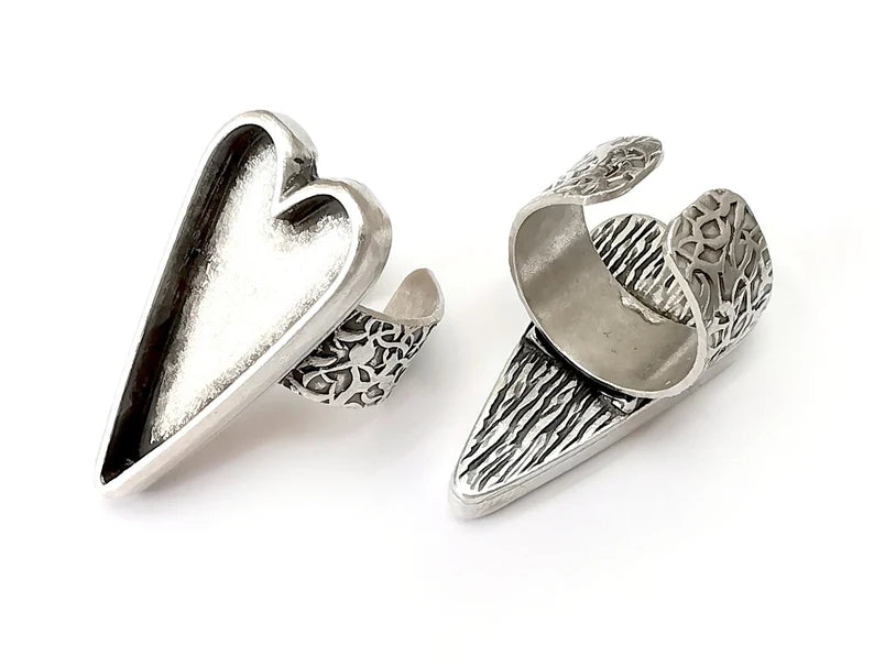 Heart Ring Blank Settings, Cabochon Mounting, Adjustable Antique Silver Resin Ring Base Bezel, Inlay Mosaic Epoxy (34x16mm) G33680