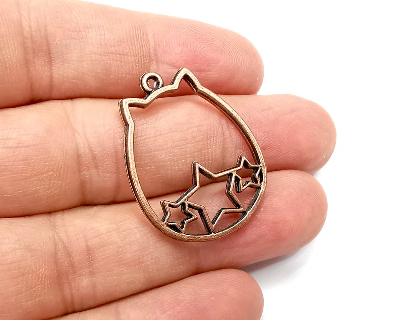 2 Cat, Stars Charms, Dangle Charms Antique Copper Plated (31x25mm) G33775