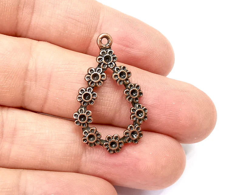 2 Flowers Drop Charms, Antique Copper Plated Dangle Charms (33x20mm) G33781