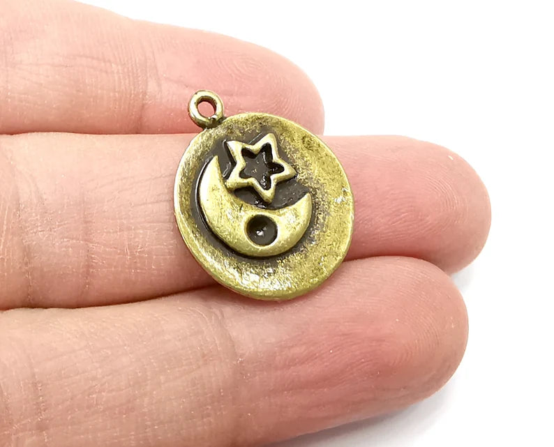 2 Moon Crescent Star Charms, Antique Bronze Plated Charms (24x20mm) G33701
