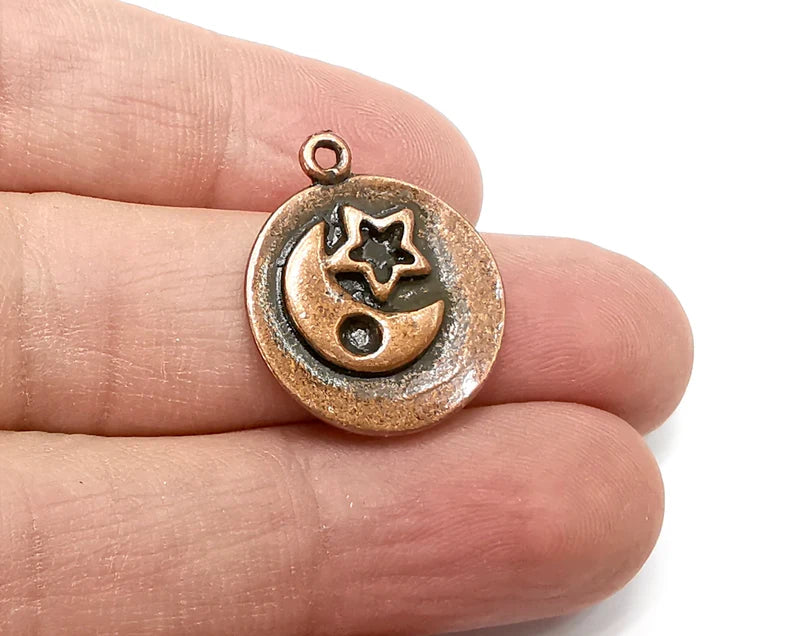 2 Moon Crescent Star Charms, Antique Copper Plated Charms (24x20mm) G33704