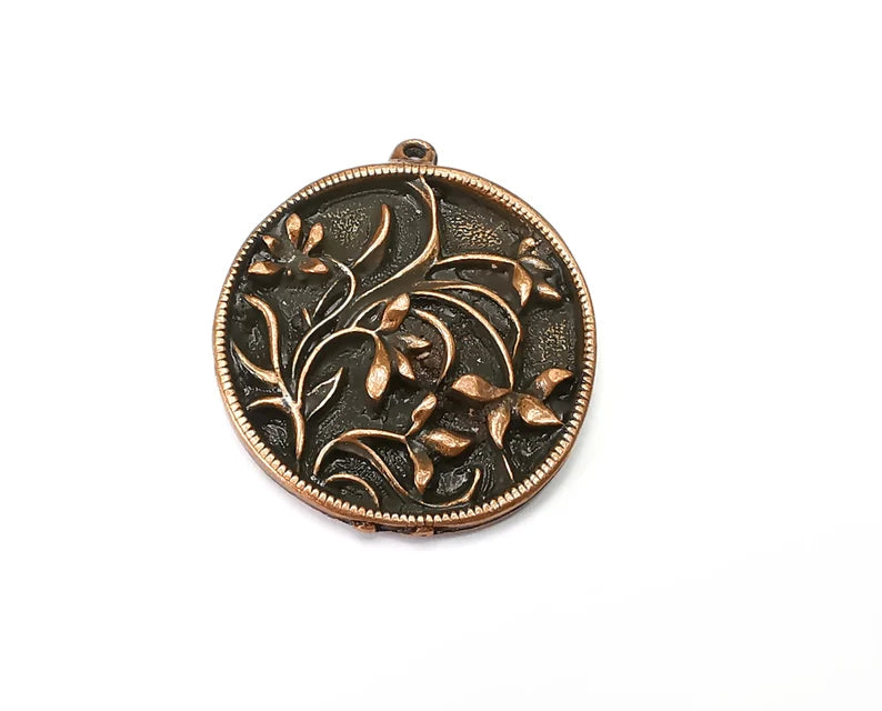 Flower Round Pendant, Charms, Antique Copper Plated (39x34mm) G33784