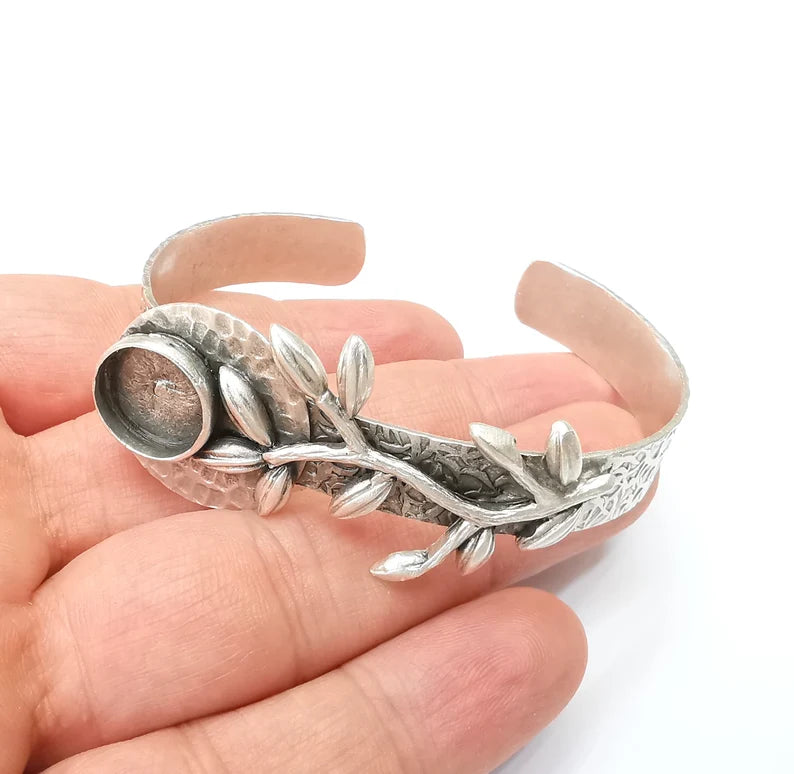 Leaf Bracelet Bezel Cuff Blank Resin Mountings Cabochon Base Setting Antique Silver Plated Brass Adjustable Bracelet Bezel (12mm) G33791