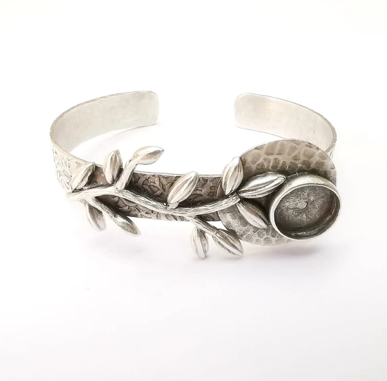 Leaf Bracelet Bezel Cuff Blank Resin Mountings Cabochon Base Setting Antique Silver Plated Brass Adjustable Bracelet Bezel (12mm) G33791