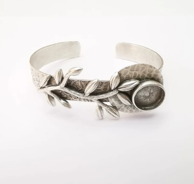 Leaf Bracelet Bezel Cuff Blank Resin Mountings Cabochon Base Setting Antique Silver Plated Brass Adjustable Bracelet Bezel (12mm) G33791