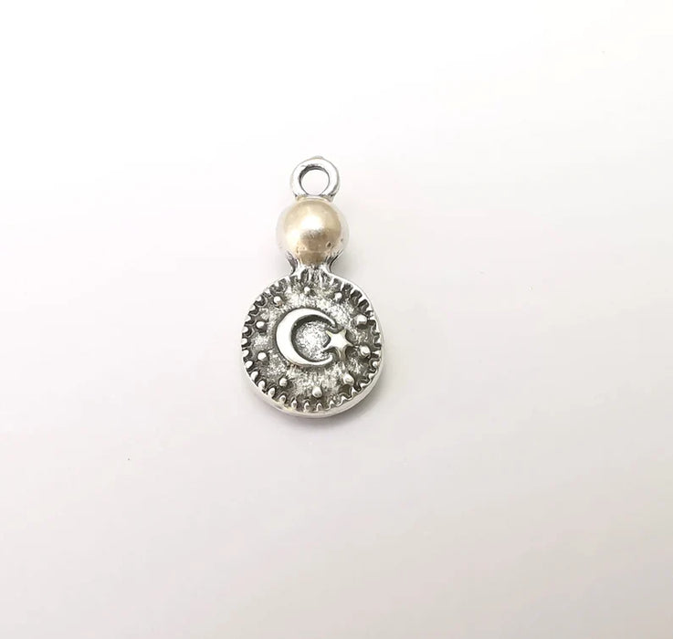 2 Moon and Star Charms, Dangle Charms, Crescent and Star charms, Antique Silver Plated (23x11mm) G33793