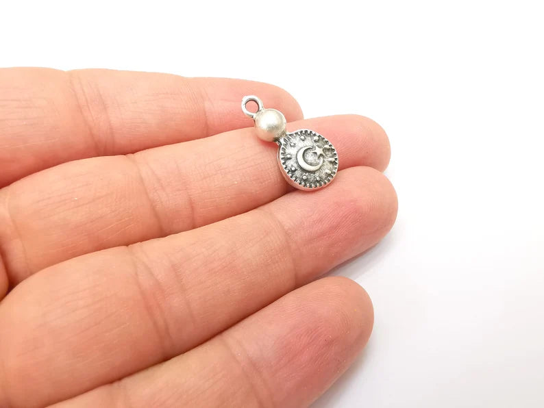 2 Moon and Star Charms, Dangle Charms, Crescent and Star charms, Antique Silver Plated (23x11mm) G33793