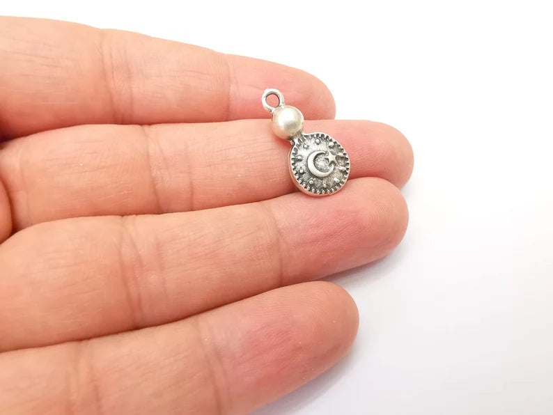 2 Moon and Star Charms, Dangle Charms, Crescent and Star charms, Antique Silver Plated (23x11mm) G33793
