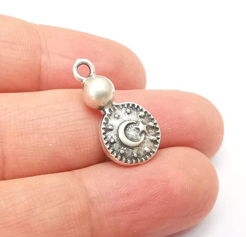 2 Moon and Star Charms, Dangle Charms, Crescent and Star charms, Antique Silver Plated (23x11mm) G33793