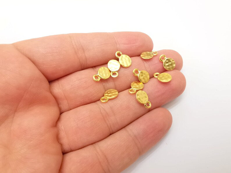 5 Tiny Hammered Round Charms, Gold Plated Charms (11x7mm) G33794