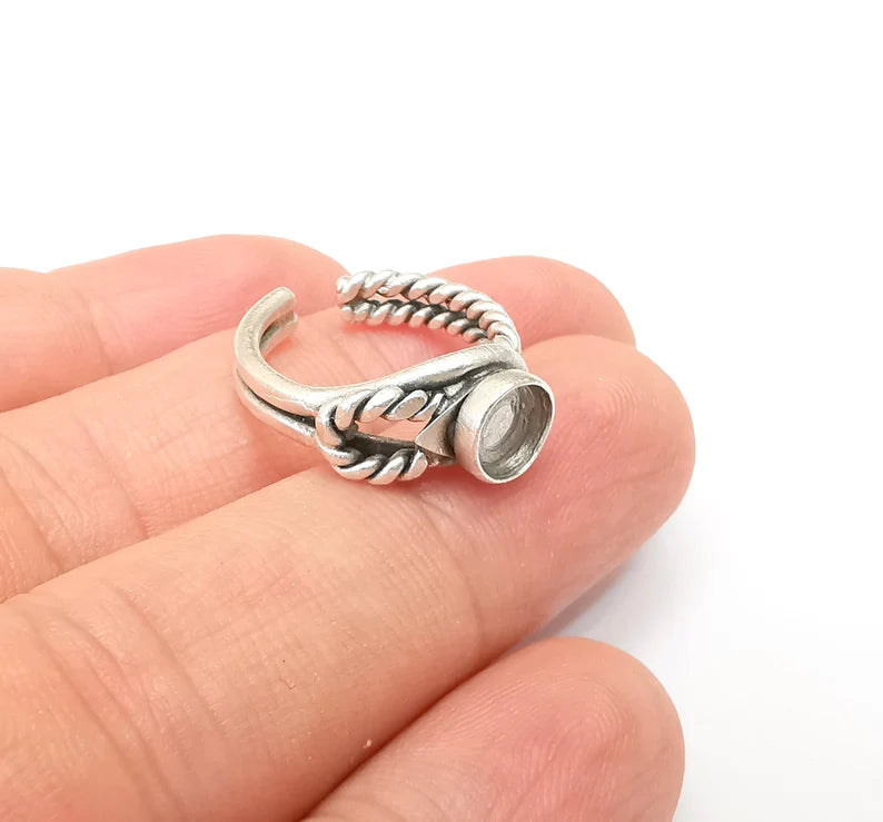 Silver Ring Blank Setting, Cabochon Mounting, Adjustable Resin Ring Bezels, Antique Silver Plated Ring Base (6mm) G33796