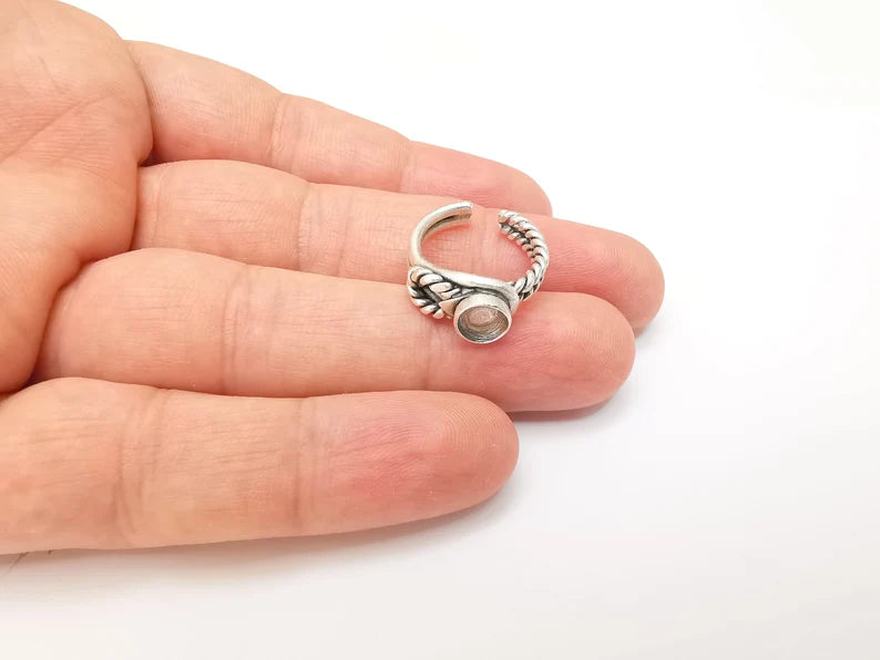 Silver Ring Blank Setting, Cabochon Mounting, Adjustable Resin Ring Bezels, Antique Silver Plated Ring Base (6mm) G33796