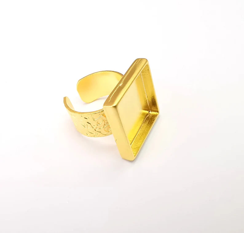 Square Ring Blank Settings, Cabochon Mounting, Adjustable Gold Plated Resin Ring Base, Inlay Ring, Mosaic Epoxy Bezel Ring (20x20mm) G33789
