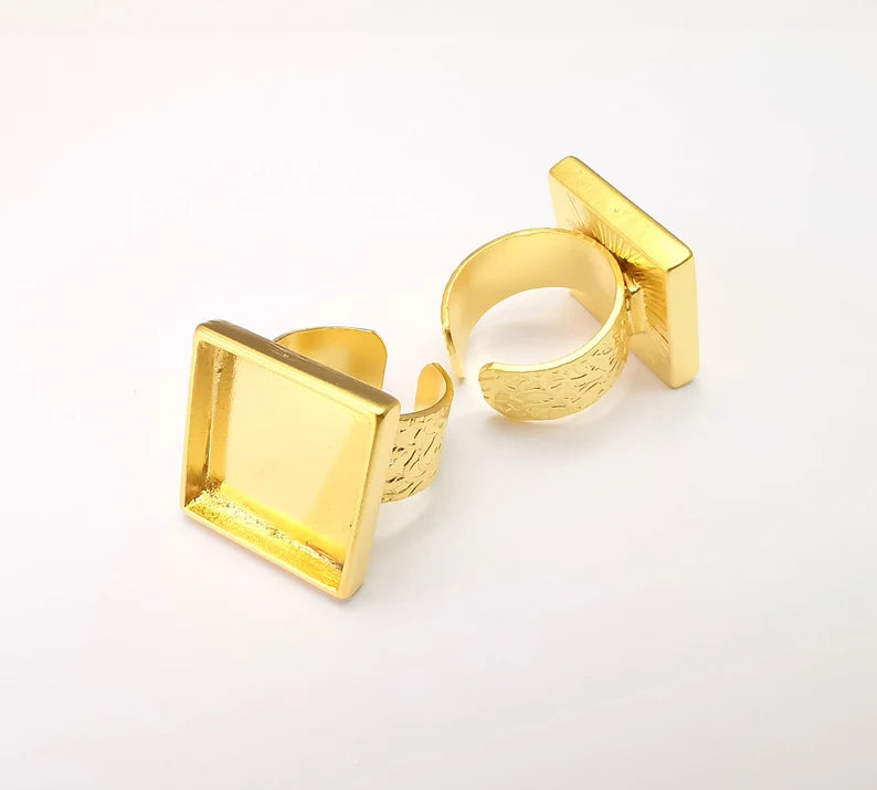 Square Ring Blank Settings, Cabochon Mounting, Adjustable Gold Plated Resin Ring Base, Inlay Ring, Mosaic Epoxy Bezel Ring (20x20mm) G33789