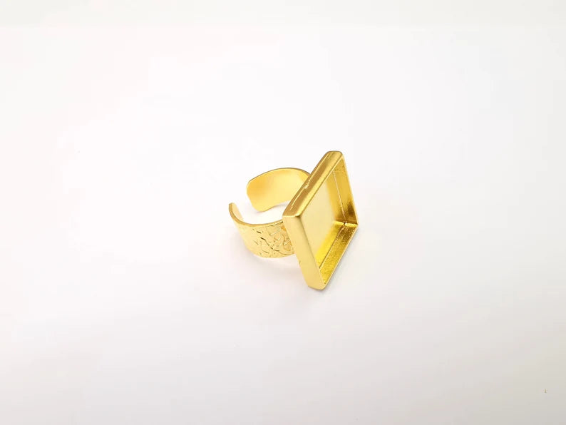 Square Ring Blank Settings, Cabochon Mounting, Adjustable Gold Plated Resin Ring Base, Inlay Ring, Mosaic Epoxy Bezel Ring (20x20mm) G33789