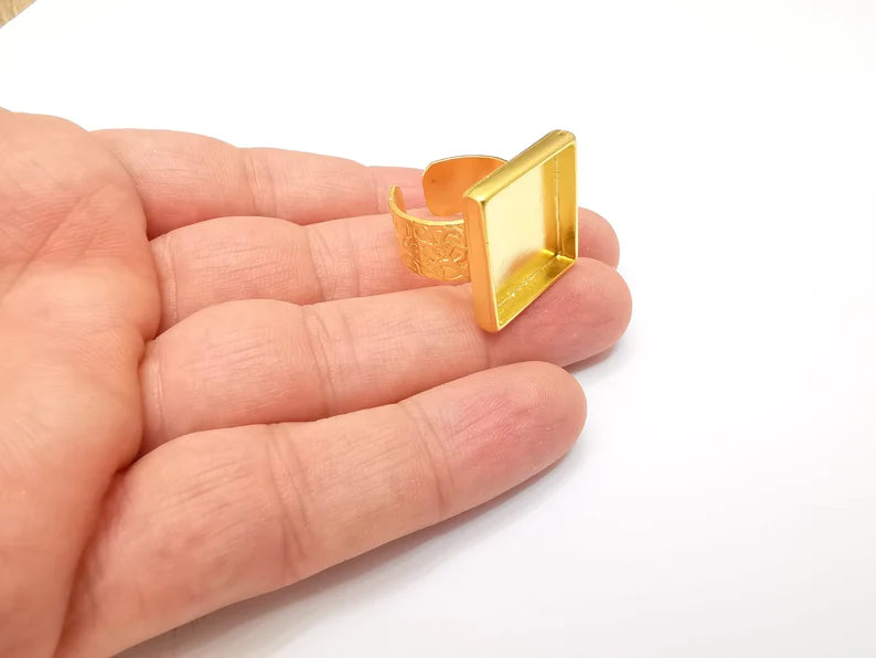 Square Ring Blank Settings, Cabochon Mounting, Adjustable Gold Plated Resin Ring Base, Inlay Ring, Mosaic Epoxy Bezel Ring (20x20mm) G33789