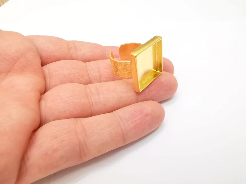Square Ring Blank Settings, Cabochon Mounting, Adjustable Gold Plated Resin Ring Base, Inlay Ring, Mosaic Epoxy Bezel Ring (20x20mm) G33789