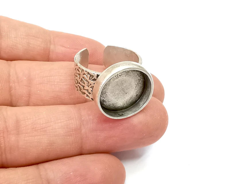 Round Ring Blank Settings, Cabochon Mounting, Adjustable Antique Silver Resin Ring Base Bezel, Inlay Mosaic Epoxy (16mm) G28612