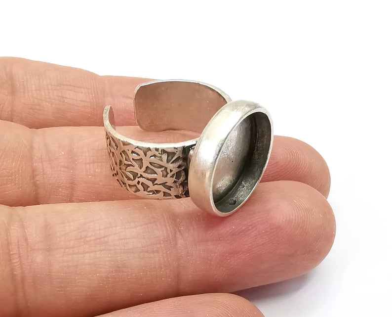 Round Ring Blank Settings, Cabochon Mounting, Adjustable Antique Silver Resin Ring Base Bezel, Inlay Mosaic Epoxy (16mm) G28612