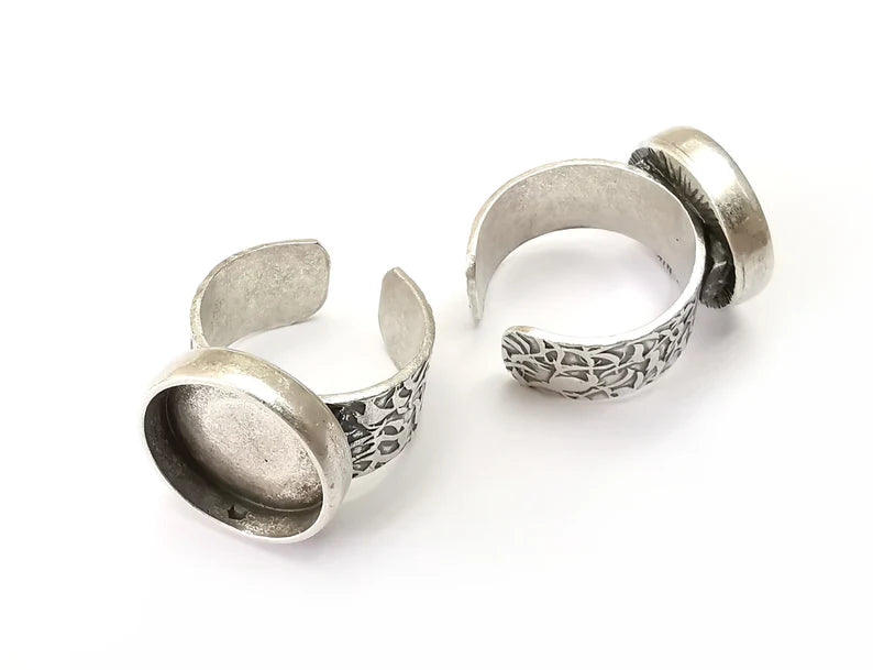 Round Ring Blank Settings, Cabochon Mounting, Adjustable Antique Silver Resin Ring Base Bezel, Inlay Mosaic Epoxy (16mm) G28612