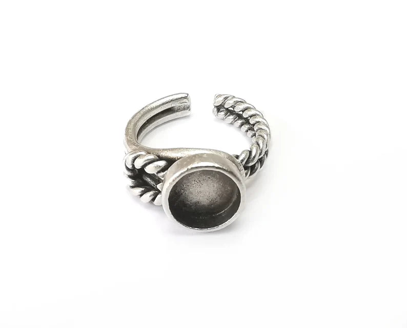 Twisted Silver Ring Blank Setting, Cabochon Mounting, Adjustable Resin Ring Bezels, Antique Silver Plated Ring Base (8mm) G33803