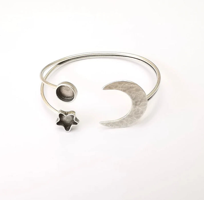 Moon and Star Bracelet Bezel Cuff Blank Resin Mountings Cabochon Base Settings Antique Silver Plated Brass Adjustable Bracelet (8mm) G33715