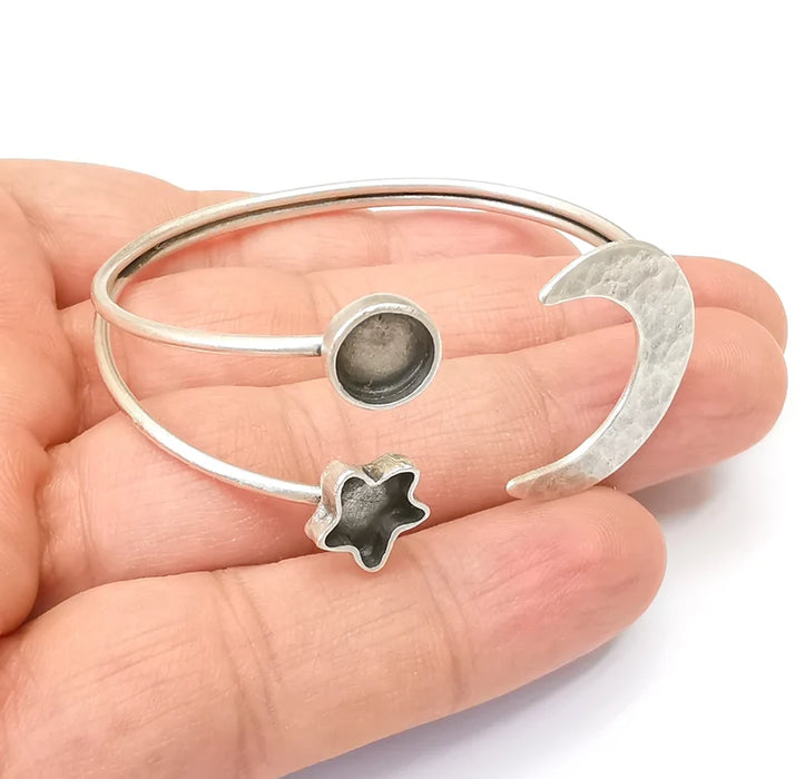 Moon and Star Bracelet Bezel Cuff Blank Resin Mountings Cabochon Base Settings Antique Silver Plated Brass Adjustable Bracelet (8mm) G33715