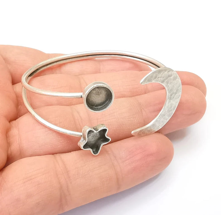 Moon and Star Bracelet Bezel Cuff Blank Resin Mountings Cabochon Base Settings Antique Silver Plated Brass Adjustable Bracelet (8mm) G33715