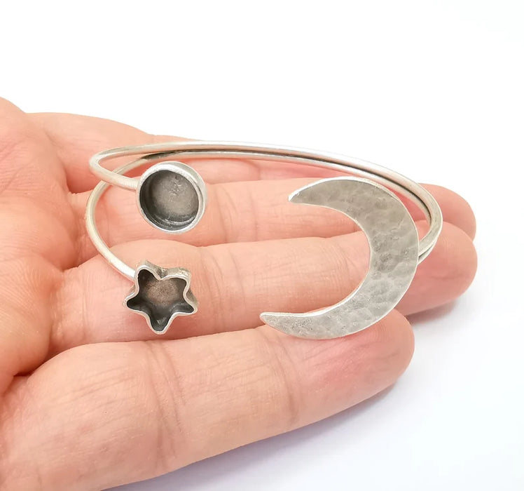 Moon and Star Bracelet Bezel Cuff Blank Resin Mountings Cabochon Base Settings Antique Silver Plated Brass Adjustable Bracelet (8mm) G33715