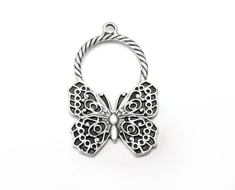 Butterfly Charms, Antique Silver Plated Dangle Charms (51x32mm) G33731