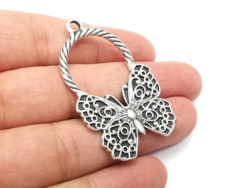 Butterfly Charms, Antique Silver Plated Dangle Charms (51x32mm) G33731