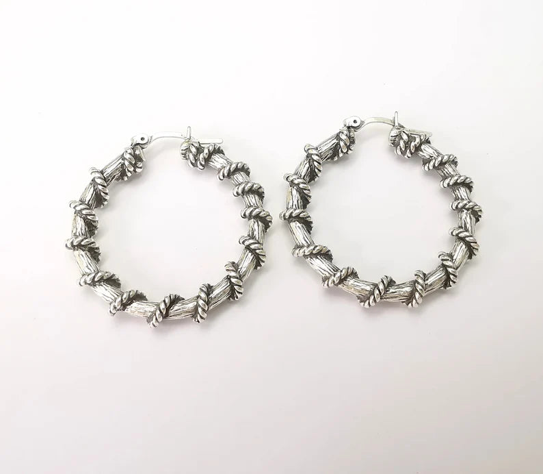 Silver Large Wire Wrapped Hoop Earrings, Antique Silver Plated Hoop Earring, Findings (40mm) G33812