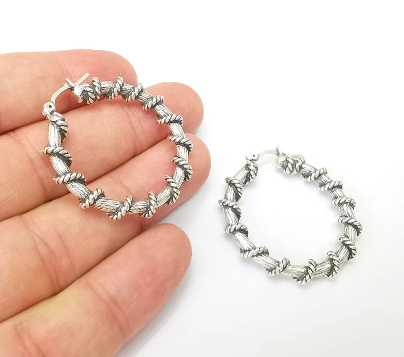 Silver Large Wire Wrapped Hoop Earrings, Antique Silver Plated Hoop Earring, Findings (40mm) G33812