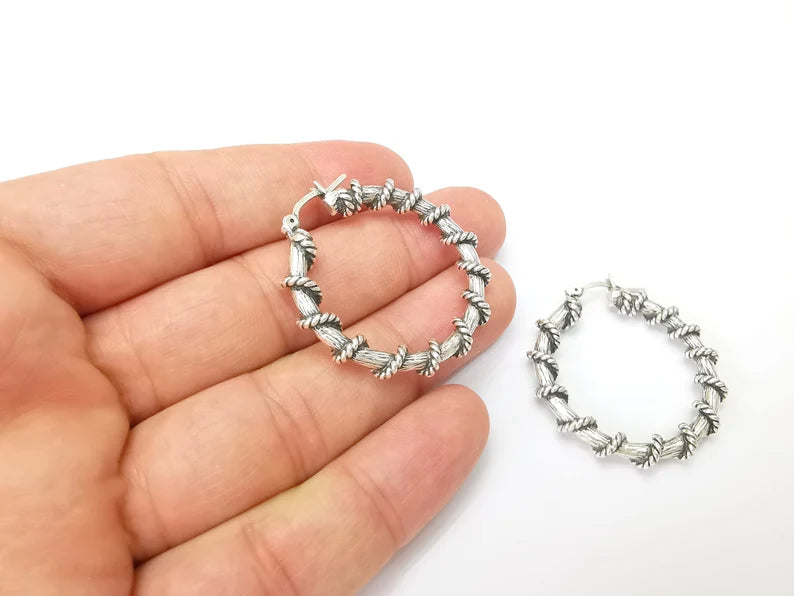 Silver Large Wire Wrapped Hoop Earrings, Antique Silver Plated Hoop Earring, Findings (40mm) G33812