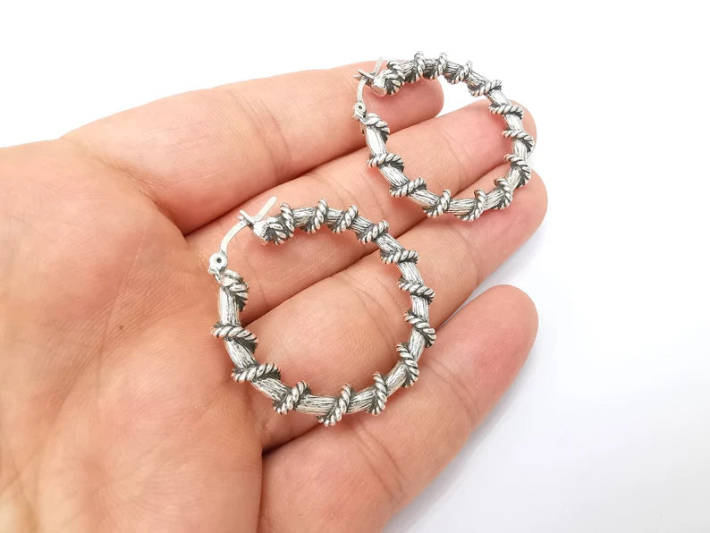 Silver Large Wire Wrapped Hoop Earrings, Antique Silver Plated Hoop Earring, Findings (40mm) G33812
