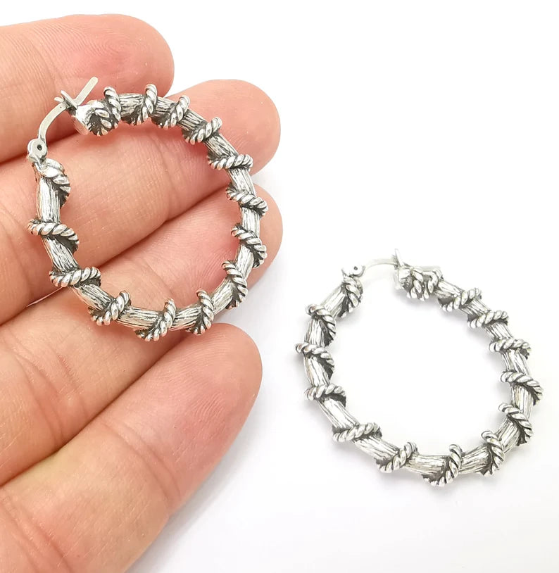 Silver Large Wire Wrapped Hoop Earrings, Antique Silver Plated Hoop Earring, Findings (40mm) G33812