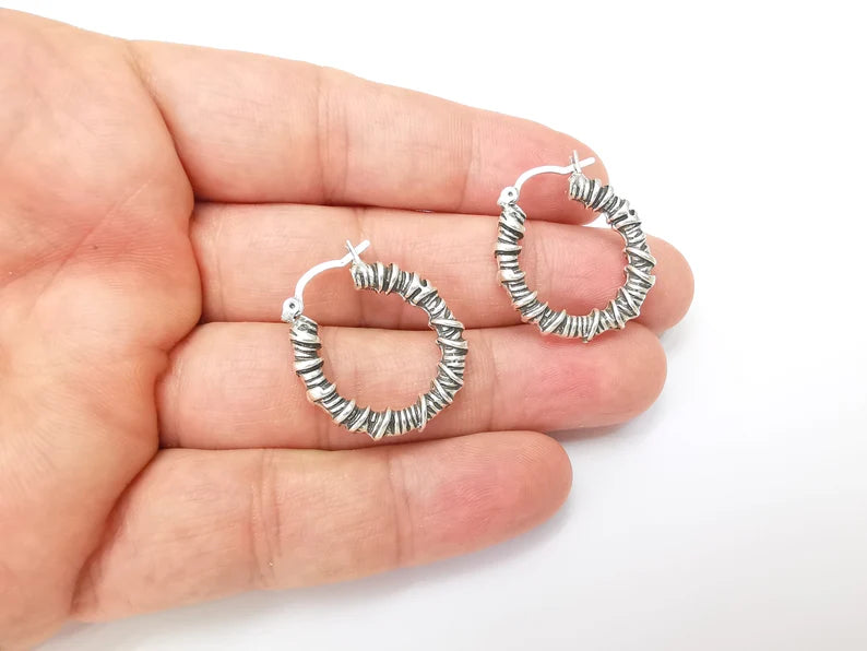 Silver Wire Wrapped Hoop Earrings, Antique Silver Plated Hoop Earring, Findings (28mm) G33814