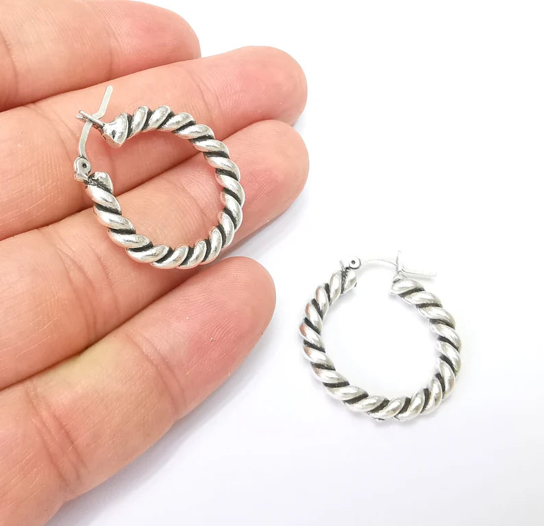 Silver Wire Wrapped Hoop Earrings, Antique Silver Plated Hoop Earring, Findings (28mm) G33815