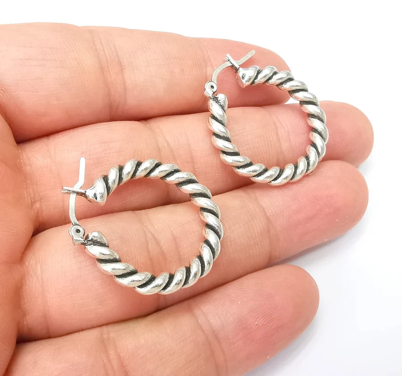 Silver Wire Wrapped Hoop Earrings, Antique Silver Plated Hoop Earring, Findings (28mm) G33815