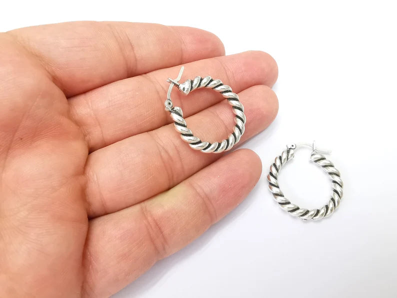 Silver Wire Wrapped Hoop Earrings, Antique Silver Plated Hoop Earring, Findings (28mm) G33815