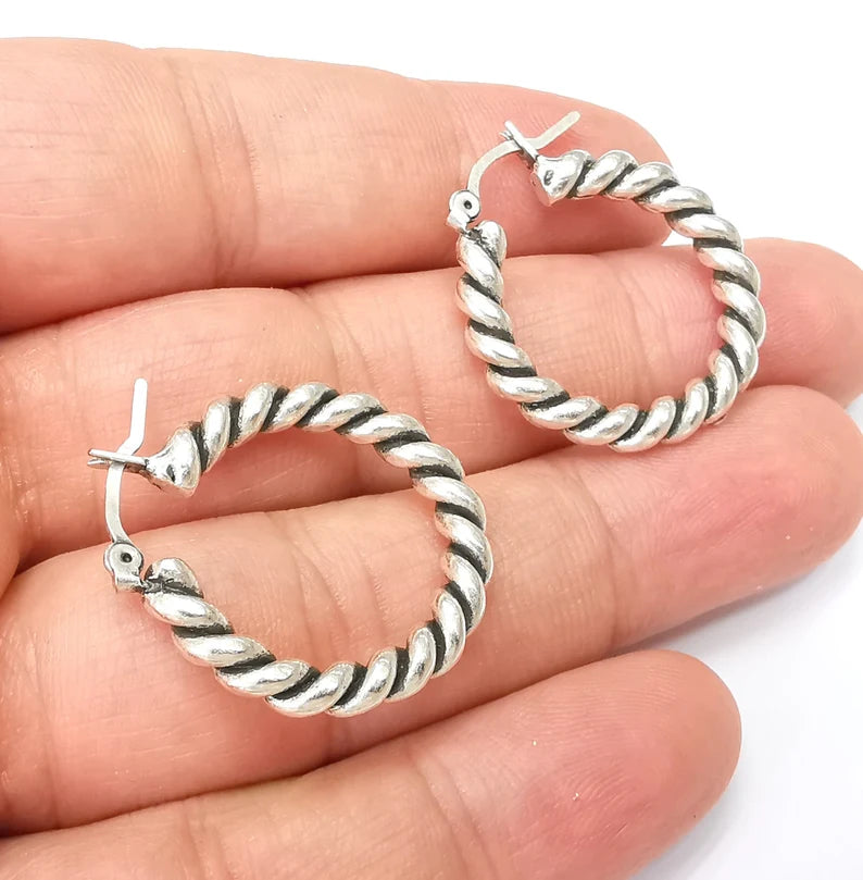 Silver Wire Wrapped Hoop Earrings, Antique Silver Plated Hoop Earring, Findings (28mm) G33815