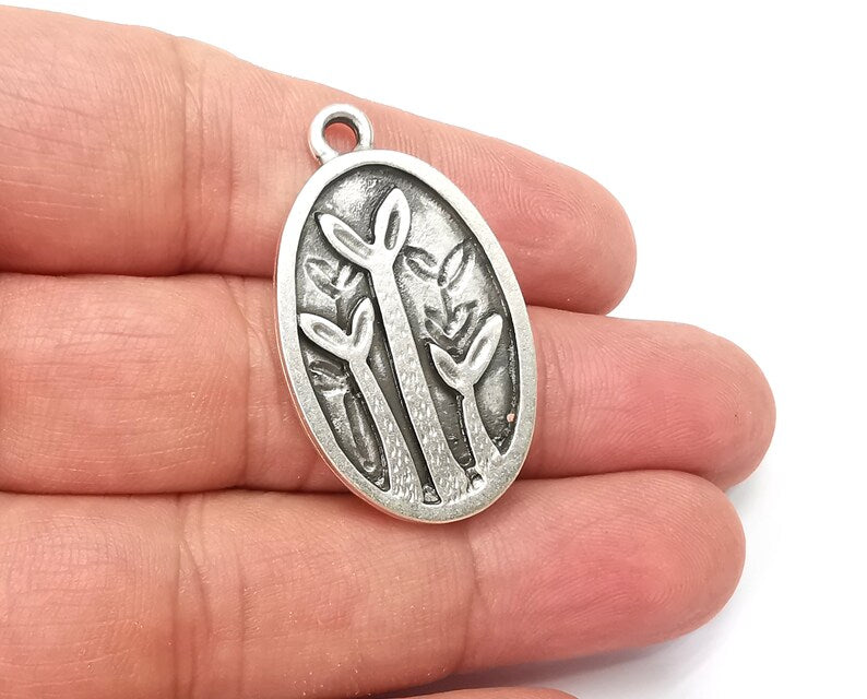 Sprouts Charms, Leaf Oval Dangle Charms, Antique Silver Plated (38x22mm) G33822