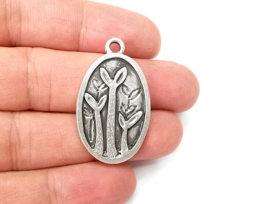 Sprouts Charms, Leaf Oval Dangle Charms, Antique Silver Plated (38x22mm) G33822
