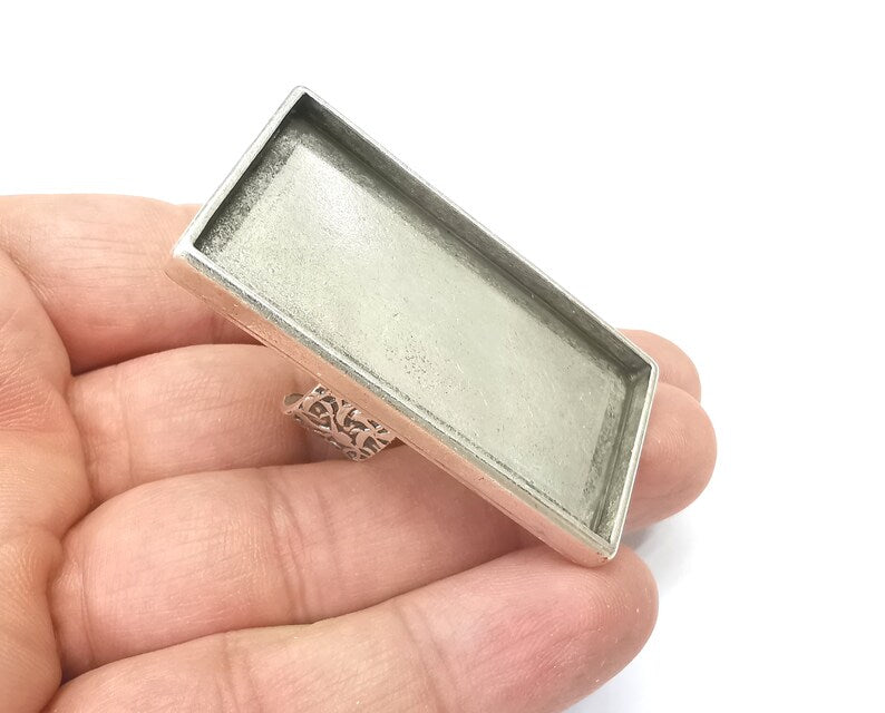 Big Rectangle Ring Blank Settings, Cabochon Mounting, Adjustable Antique Silver Resin Ring Base Bezel, Inlay Mosaic Epoxy (48x24mm) G33823