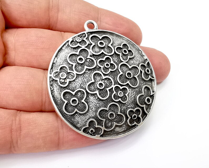 Flower Pendant, Antique Silver Plated Pendant (56x51mm) G33824