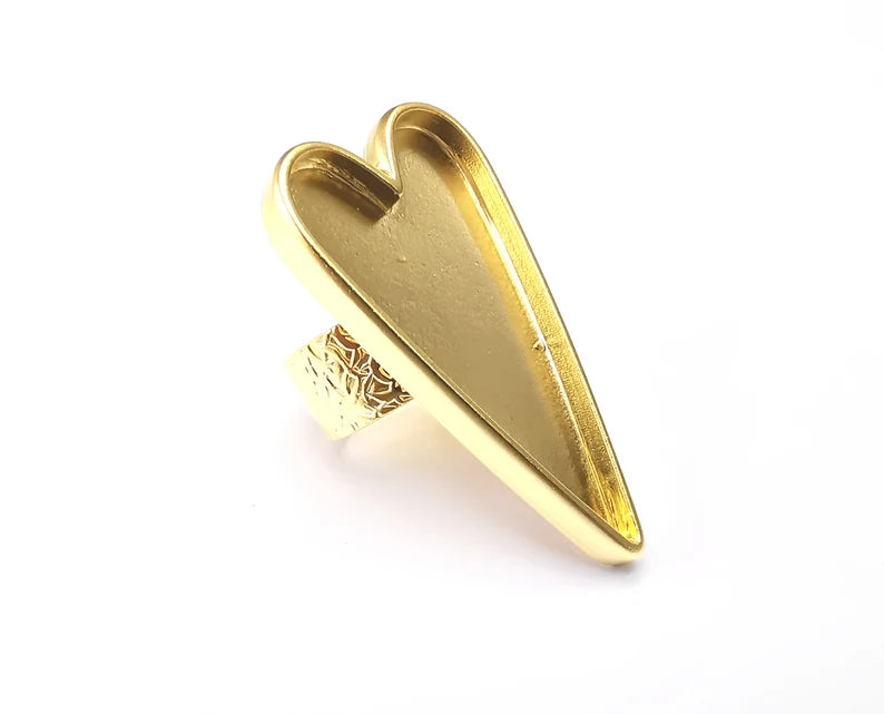 Heart Ring Blank Settings, Cabochon Mounting, Adjustable Gold Plated Resin Ring Base Bezel, Inlay Mosaic Epoxy (47x24mm) G33741