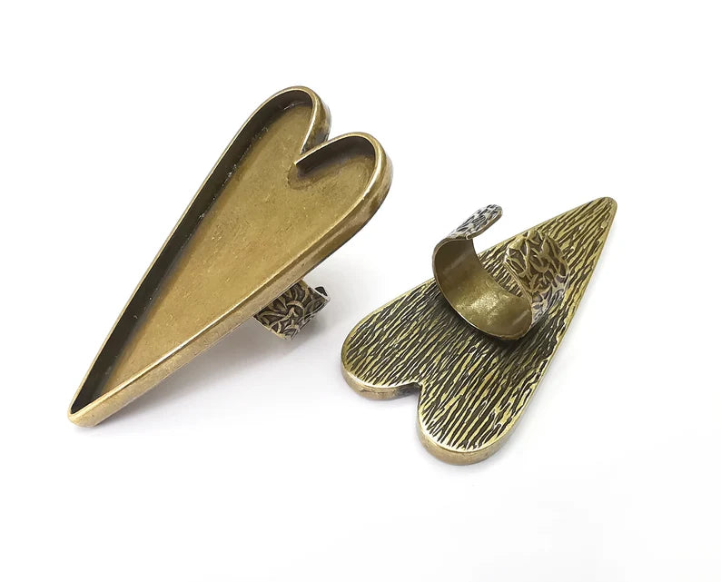 Big Heart Ring Blank Settings, Cabochon Mounting, Adjustable Antique Bronze Resin Ring Base Bezel, Inlay Mosaic Epoxy (64x29mm) G33743