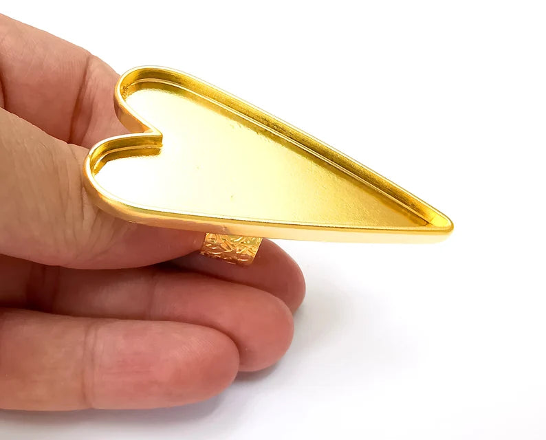 Heart Ring Blank Settings, Cabochon Mounting, Adjustable Gold Plated Resin Ring Base Bezel, Inlay Mosaic Epoxy (64x29mm) G33746